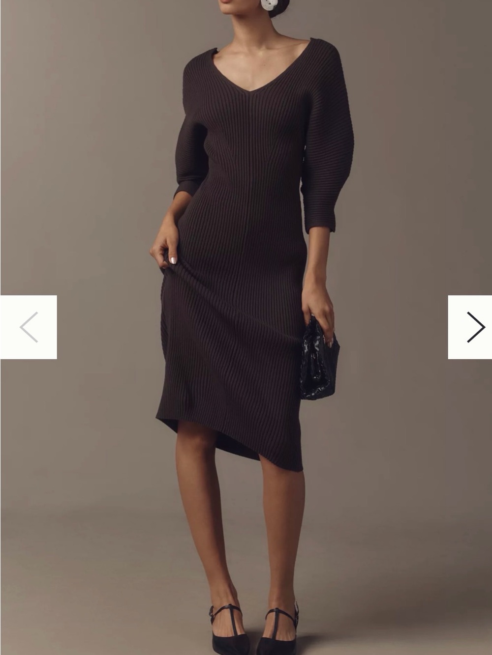 Anthropologie Chocolate-Brown Ribbed V-Neck Midi Dress